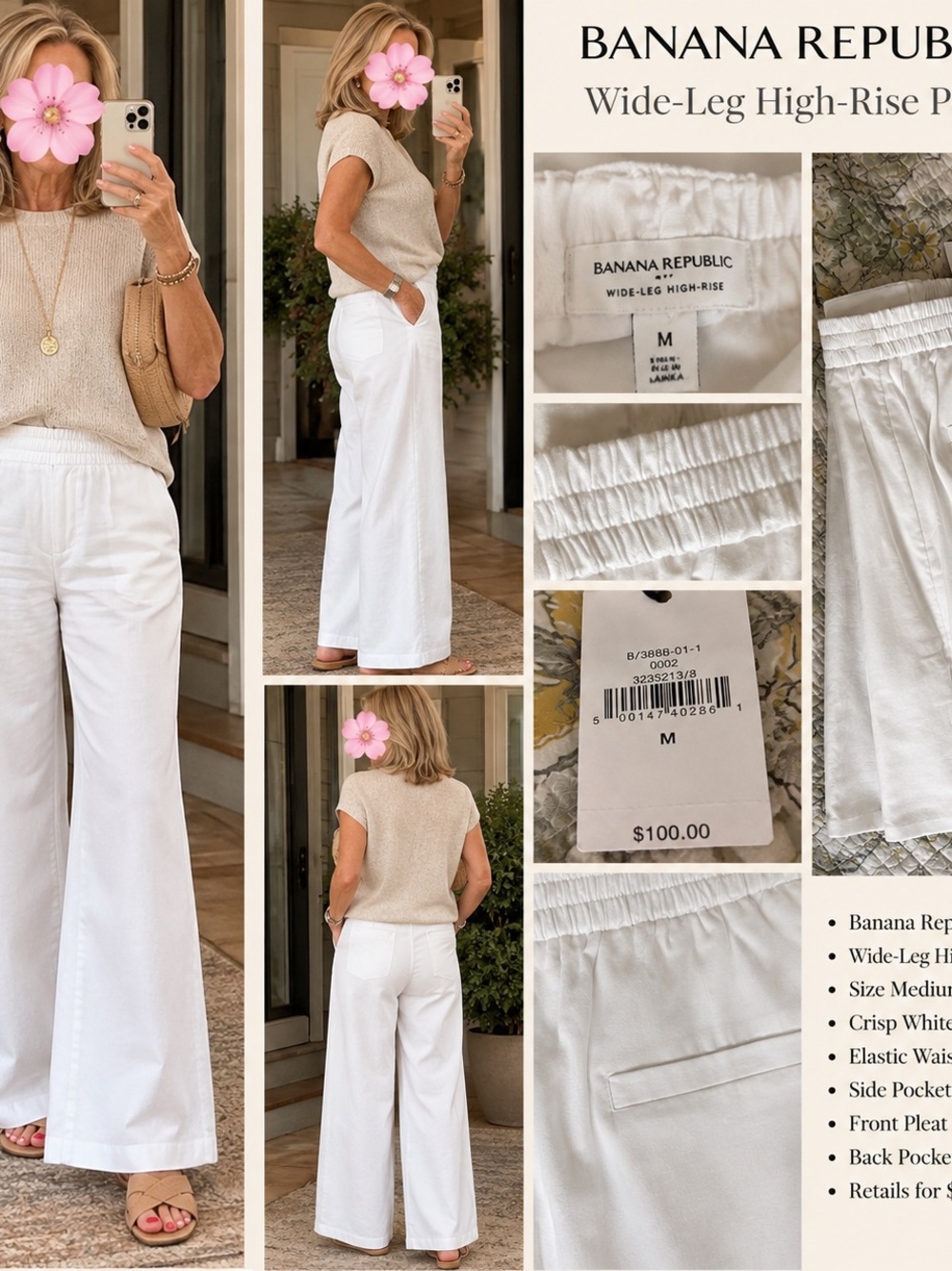 Banana Republic Wide-Leg High-Rise Pants in White - Medium NWT
